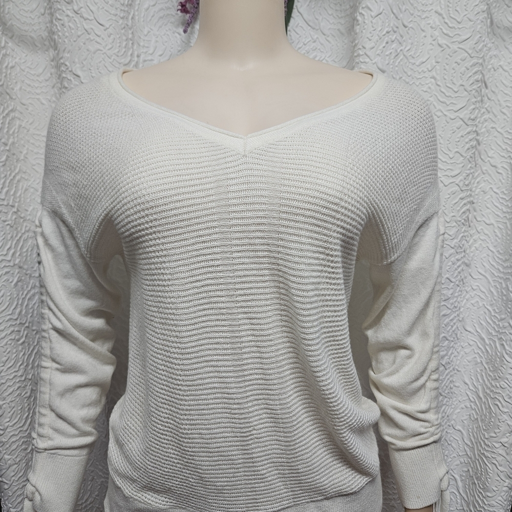 New York & Company White V-Neck Sweater